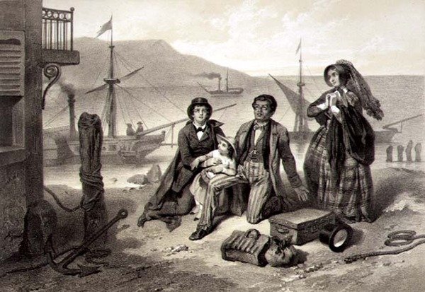 Chegada ao Canadá, placa 12 da "Cabana do Tio Tom" de Harriet Beecher Stowe (1811-96) gravada por Claude Regnier (fl.1840-66) (litho) de Adolphe Jean Baptiste (after) Bayot