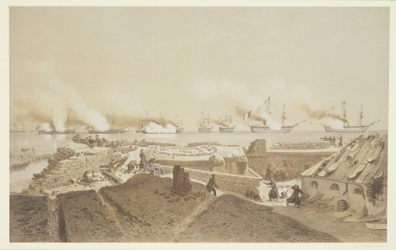 Bombardeio de Kil-Bouroun, na foz do rio Dnieper, pela frota francesa, a partir de Nos Souvenirs de Kil-Bouroun pingente LHiver passe na Le Liman du Dnieper, 1855-56, gravado por Eugene Ciceri (1 de Adolphe Jean Baptiste Bayot and Antoine Leon Morel Fatio