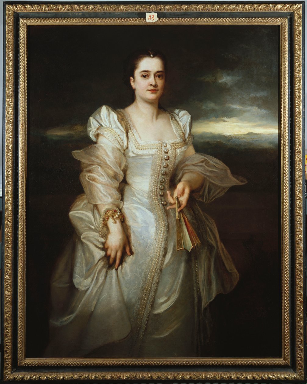 Retrato de uma senhora usando um vestido branco bordado com pérolas de Adolphe Joseph Thomas Monticelli