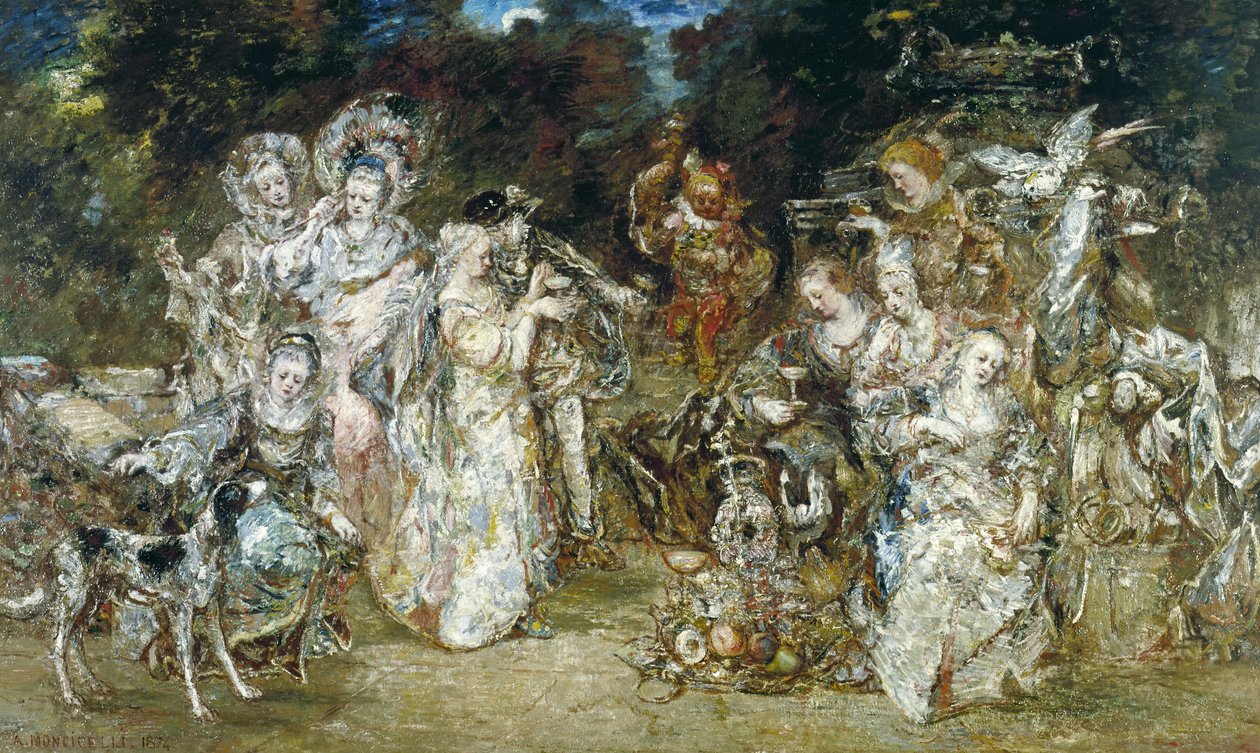 Reunião num parque na época dos Valois de Adolphe Joseph Thomas Monticelli