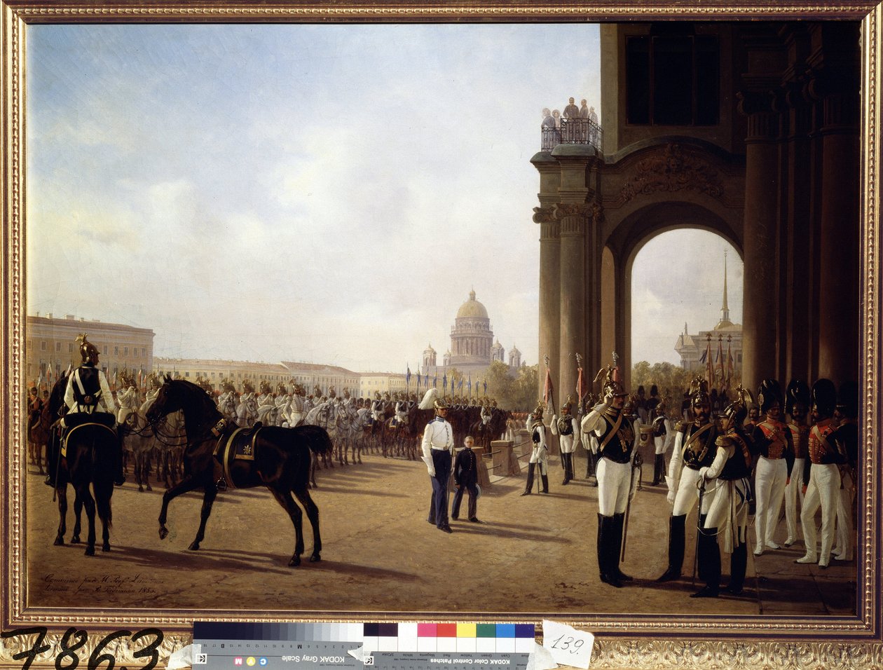 Desfile militar na Praça do Palácio em São Petersburgo. Pintura de Adolphe Ladurner (1798-1856), óleo sobre tela de Adolphe Ladurner