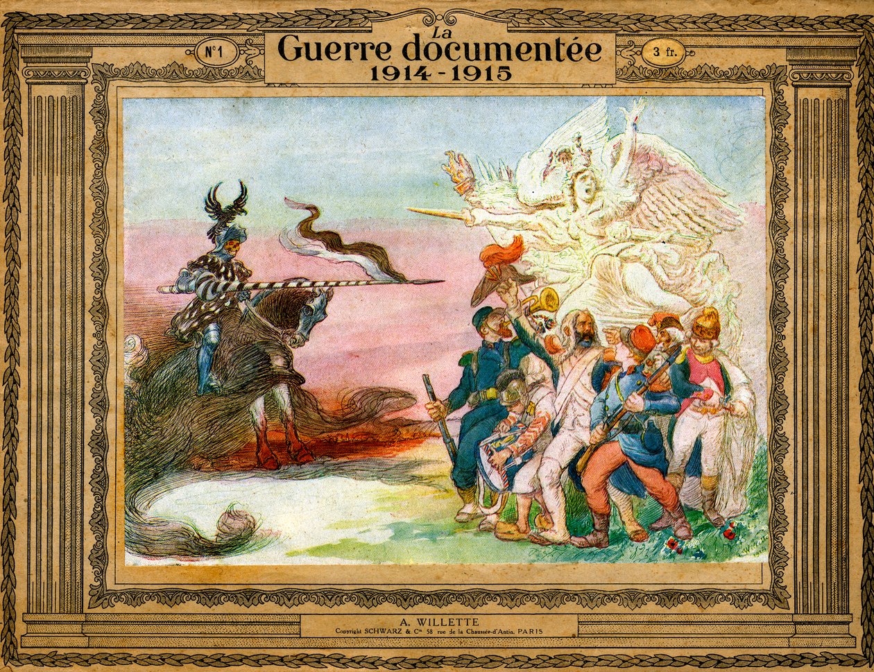 Alegoria do conflito: tropas francesas guiadas pela vitória vão ao assalto da Alemanha encarnada pela morte a cavalo de Adolphe Leon Willette