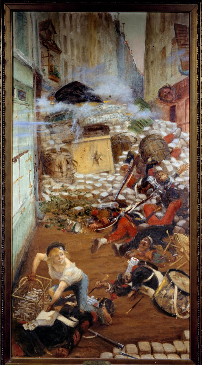 Gavroche tem a Ilustração de Barricada "Os Miseráveis" de Victor Hugo (1802-1885). Pintura de Adolphe Willette (1857-1926) Paris do século XIX, casa de Victor Hugo de Adolphe Leon Willette