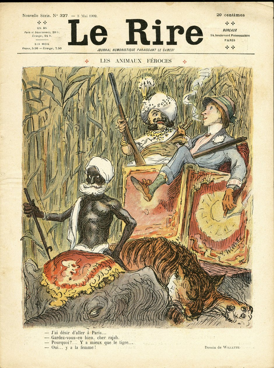 Ilustração de Adolphe dit Willette (1857-1926) para a capa de The Laughter, 08/05/09 - Animais ferozes - Anti-feminismo, Hobbies, Caçadores, Índia, Índia Inglesa, Animais - Elefante, Mulher, Tigre de Adolphe Leon Willette