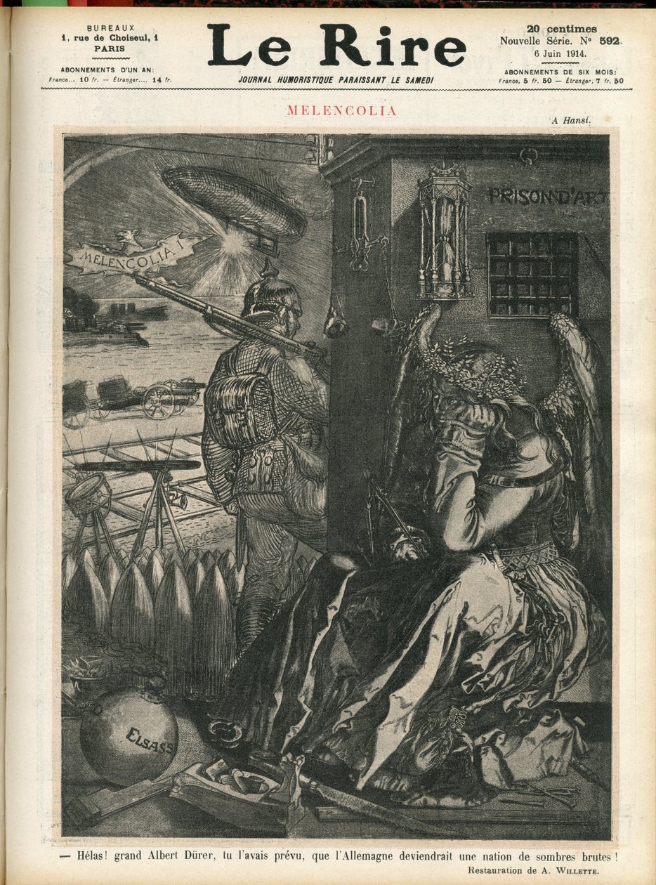 Ilustração de Adolphe dit Willette (1857-1926) para a capa do Le Lire, 06/06/14 - "Helas, grande Albert Durer, você tinha previsto que a Alemanha se tornaria um país de brutalidade negra! "- Melancolia - Guerra, Alemanha Prússia - Durer de Adolphe Leon Willette