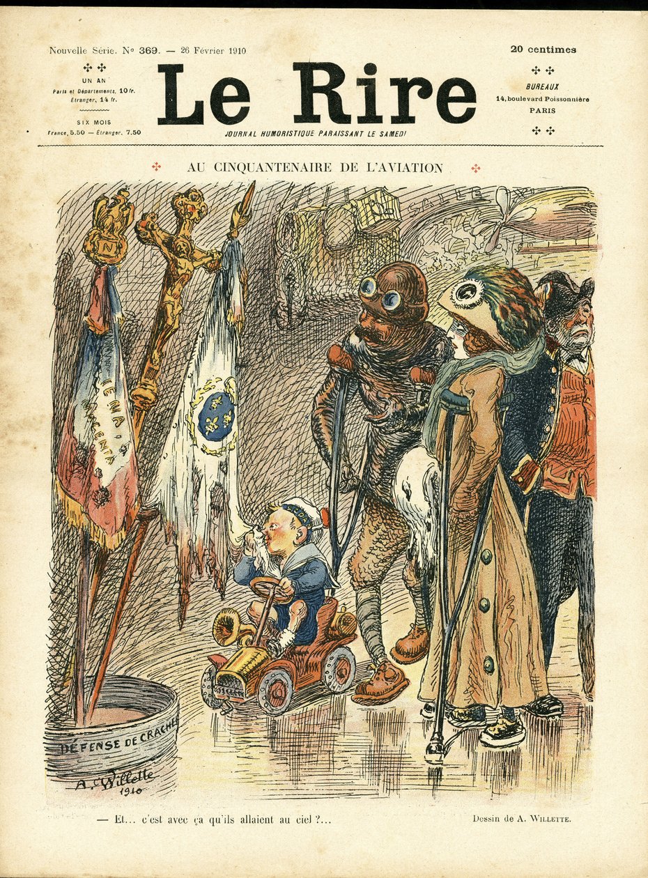 Ilustração de Adolphe dit Willette (1857-1926) para a capa de Le Rire, 26/02/10 - No cinquentenário da aviação - Aviação, Moda, Chapéu, Catástrofes de Acidentes de Adolphe Leon Willette