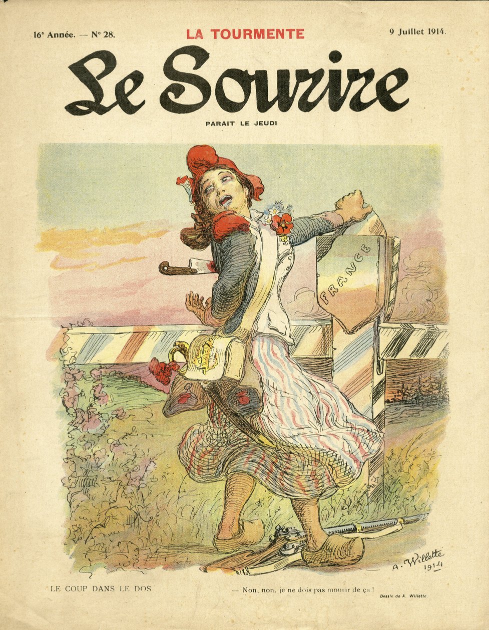 Ilustração de Adolphe dit Willette (1857-1926) para a capa do Le Smile, no 28, 07/09/14 - Le coup dans le dos - Nationalisme, Revolution française, War of 14-18 first mices, Frontières - Marianne de Adolphe Leon Willette