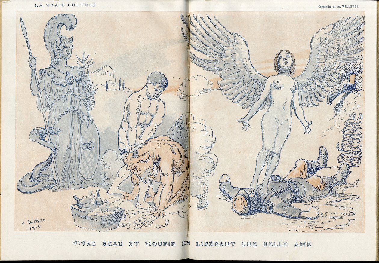 Ilustração de Adolphe dit Willette (1857-1926) em "Fantasio", 01/05/15 - Viver bonito e morrer libertando uma bela alma - Guerra dos 14-18, Cadáveres mortos, Barbary/Kultur, Jam of Skull - Soldados de Adolphe Leon Willette