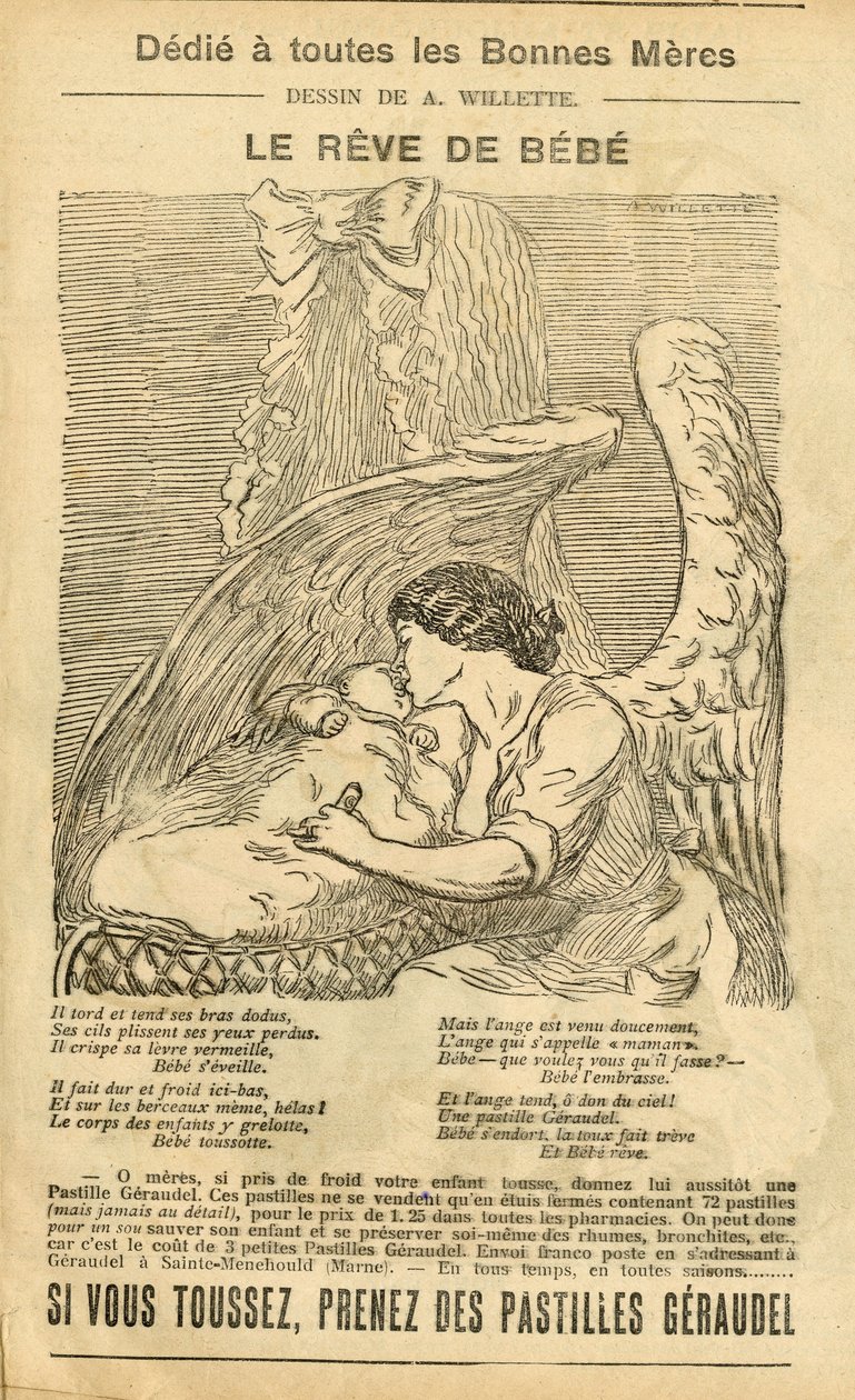 Ilustração de Adolphe dit Willette (1857-1926) em Le Pelerin, 22/12/07 - O sonho do bebé - Publicidade Reclamatória, Maternidade - Anjo de Adolphe Leon Willette