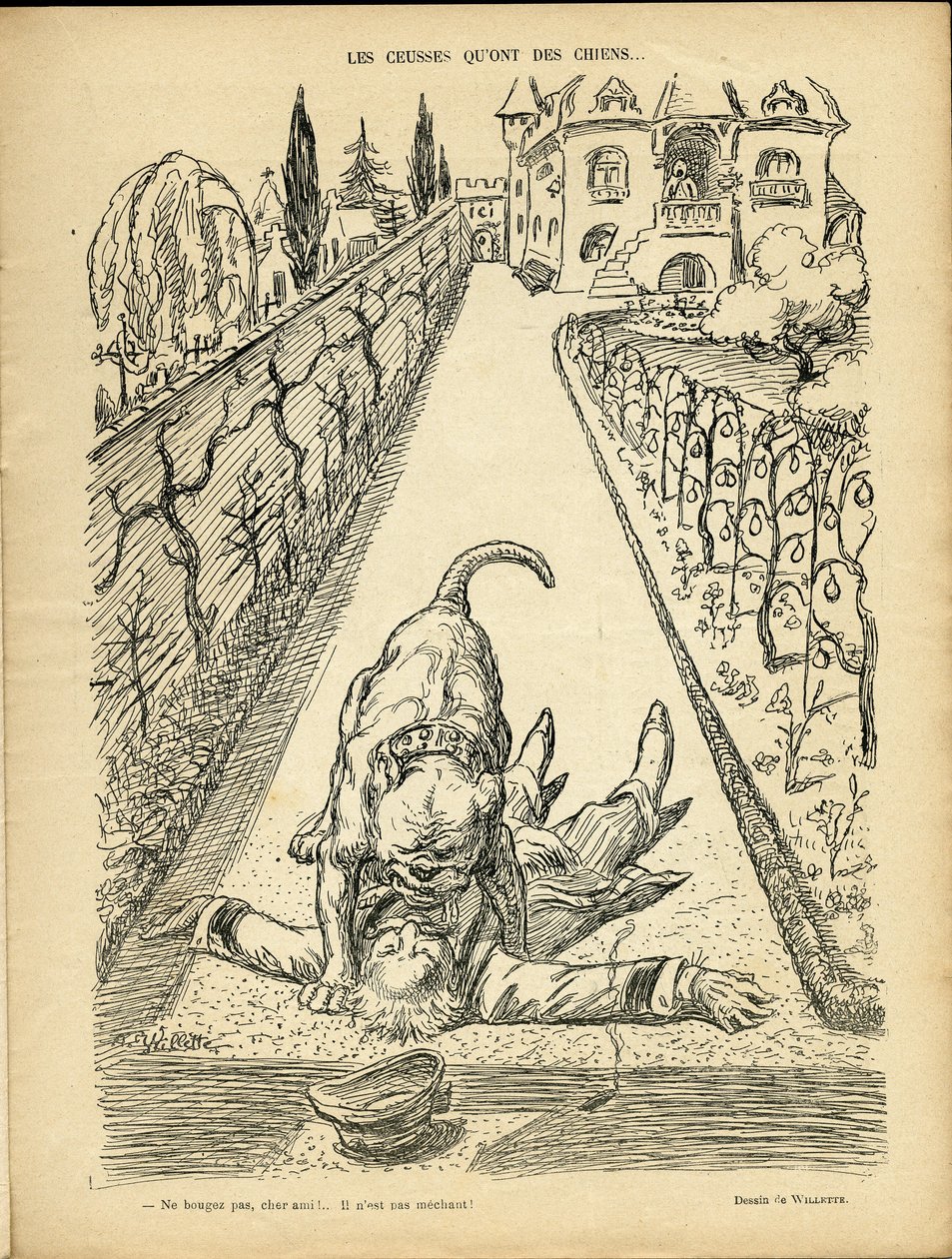 Ilustração de Adolphe dit Willette (1857-1926) em Le Rire, 27/02/09 - Les ceusses que on des chiens - Architecture Urbanisme, Animals - Dog, Pitt-Bull de Adolphe Leon Willette