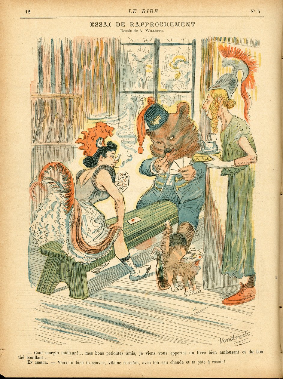Risos, Satirical in Colours: Tie de rapprochement - Jogo de cartas - Marianne, Bear, Albion Britania - Ilustração de Adolphe (Willette) (1857-1926) de Adolphe Leon Willette