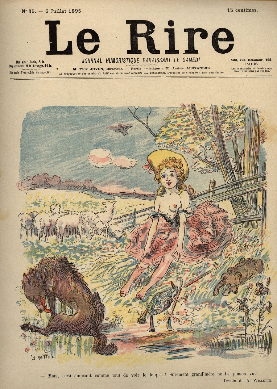 Capuchinho Vermelho - Pastorinha em topless, Capuchinho Vermelho - Mas, é divertido como todos ver o lobo...! Provavelmente, a avó nunca o viu. Desenho de A. Willette para o Riso Numero 35, 6 de Julho de Adolphe Leon Willette