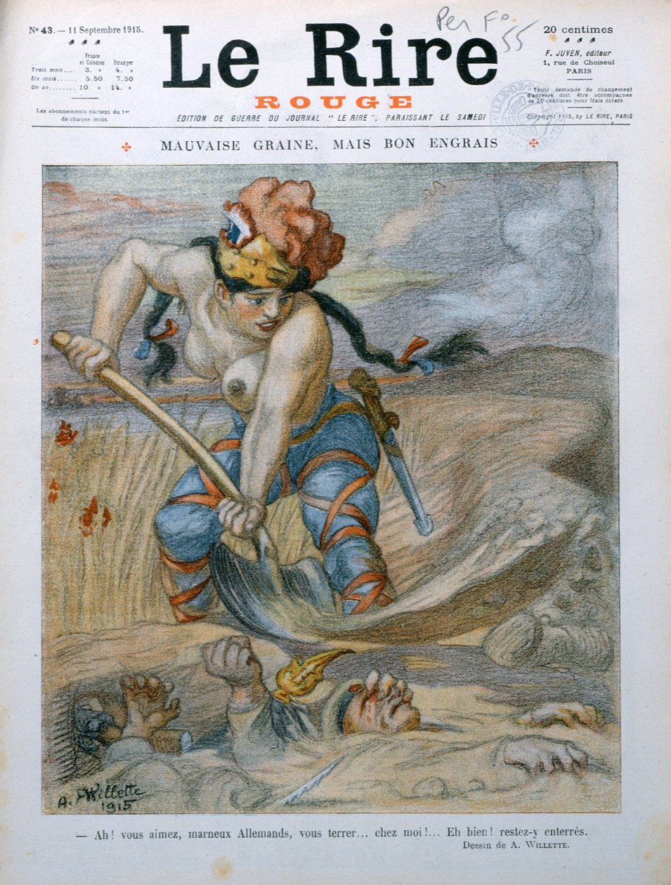 Marianne enterrando soldados alemães nas trincheiras de Marne, caricatura da revista "Le Rire Rouge", 11 de setembro de 1915 de Adolphe Leon Willette