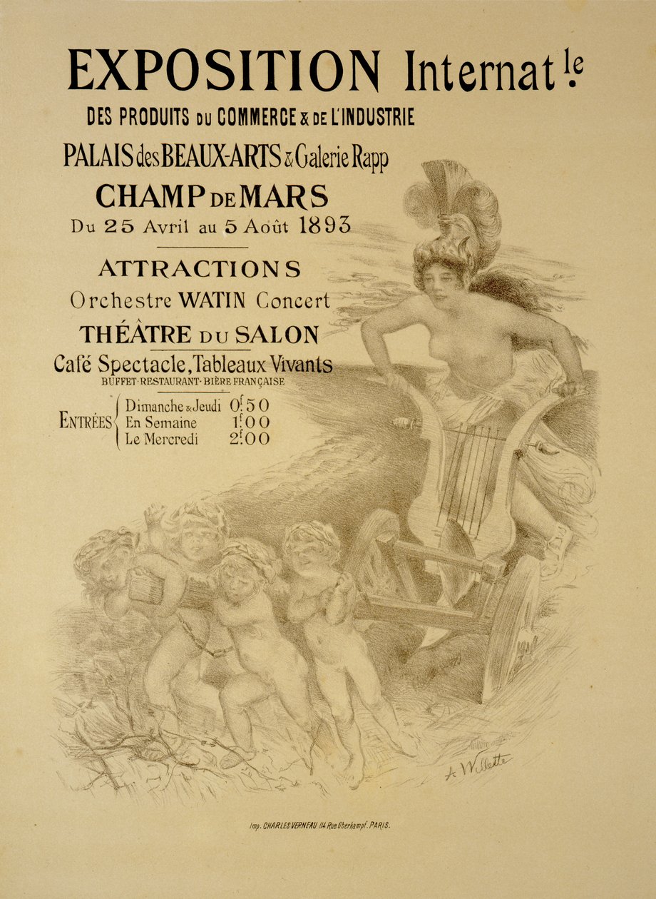 Reprodução de um cartaz publicitário da Exposição Internacional de Produtos Comerciais e Industriais, Palais des Beaux-Arts e Galerie Rapp, Champ de Mars, Paris, 1893 de Adolphe Leon Willette
