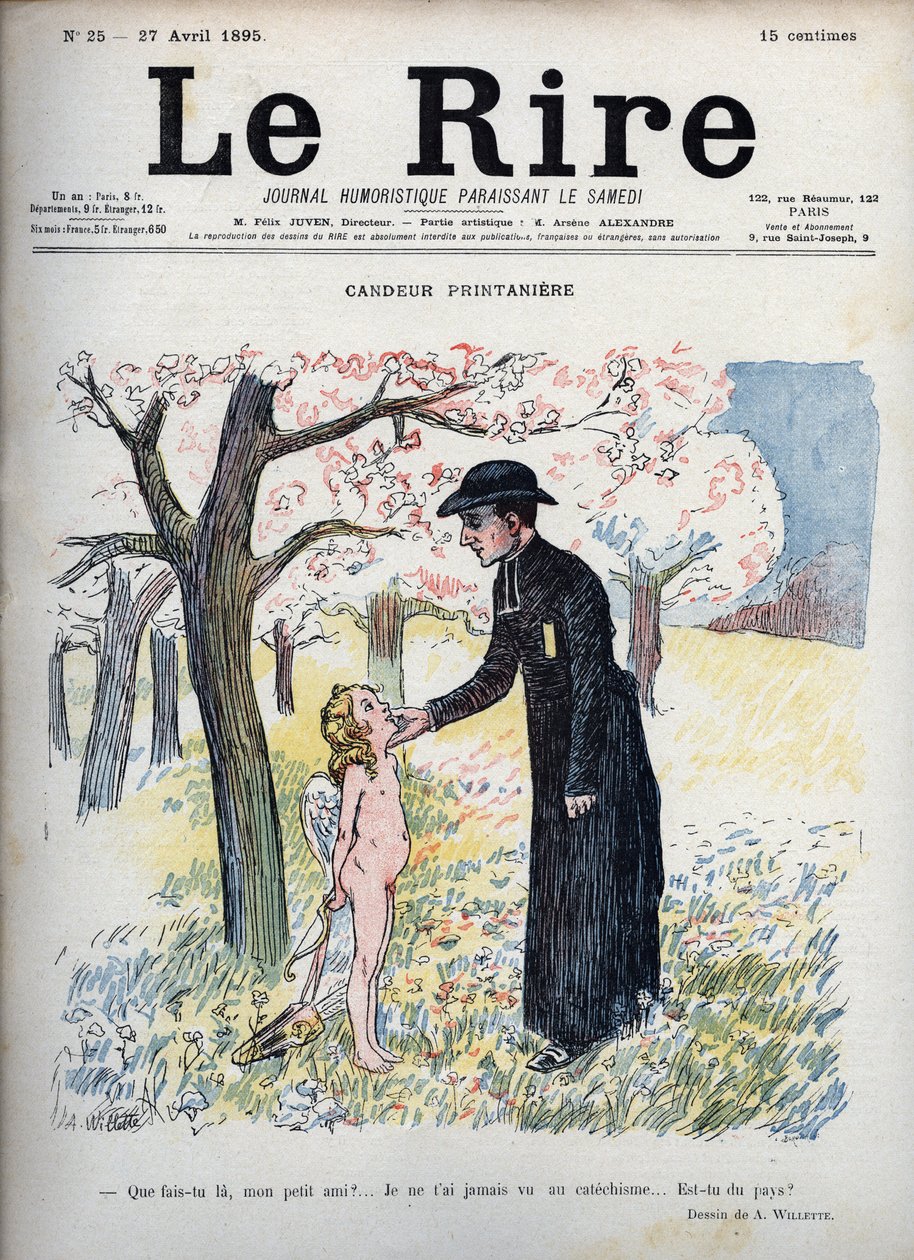 Spring Candeur - Numa floresta de flores, um padre acariciando o rosto de uma criança nua, escondendo atrás das costas um arco e flecha e um par de asas. Sem saber que é Cupido, pergunta-lhe se é novo, pois nunca ninguém o viu no catecismo - ilustrando de Adolphe Leon Willette