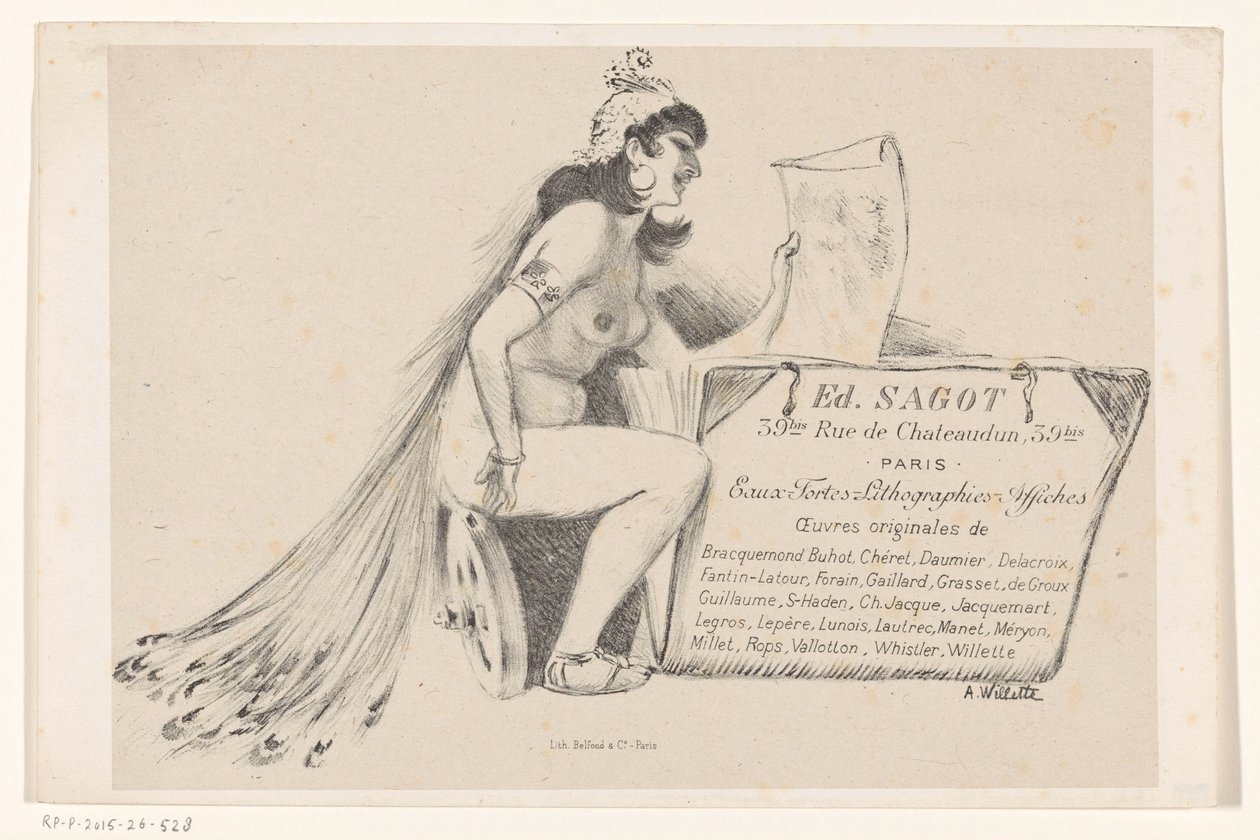 Cartão de visita do comerciante de fotografia Edmond Sagot em Paris de Adolphe Leon Willette