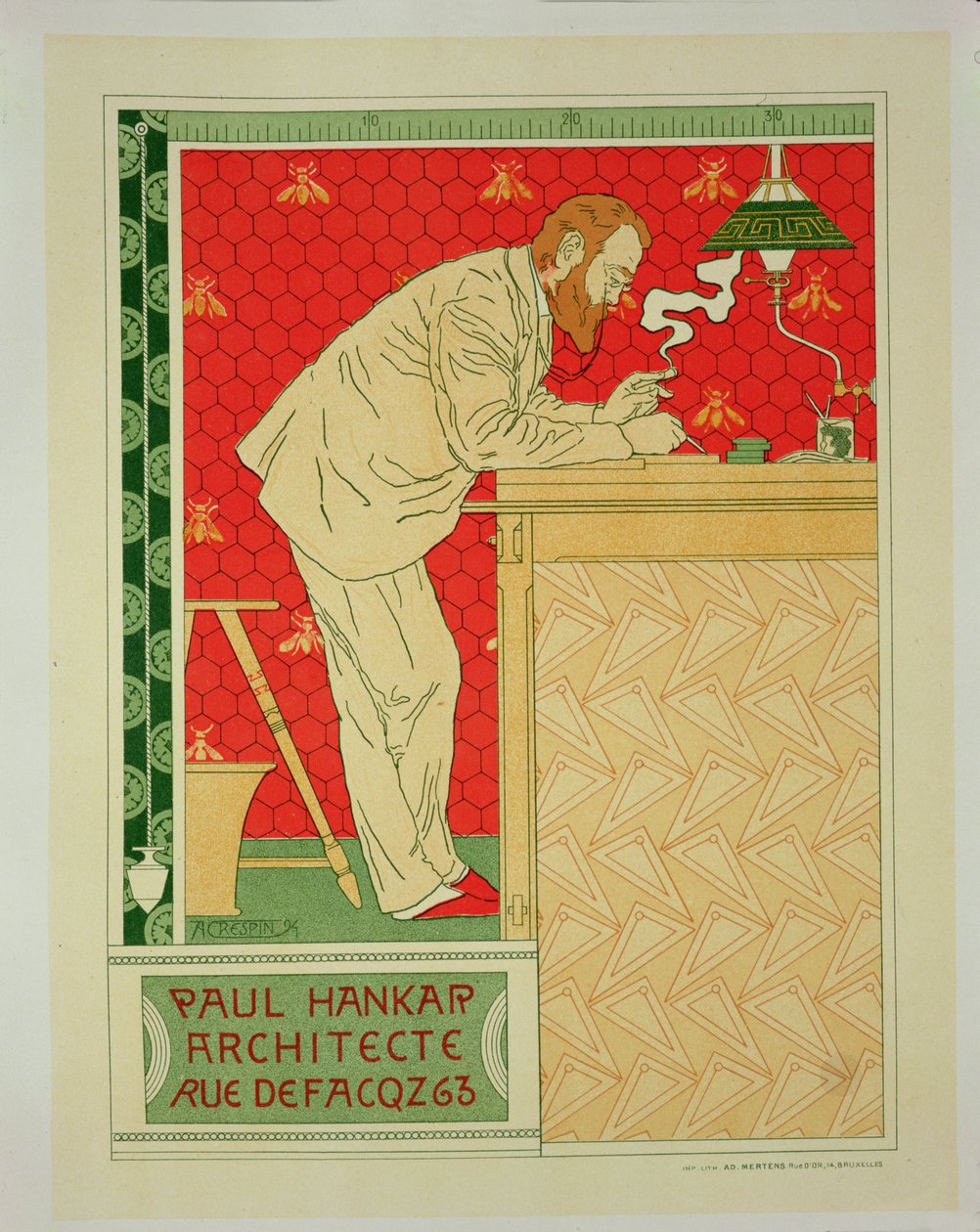 Reprodução de um cartaz publicitário "Paul Hankar, arquitecto", rue Defacqz, 1894 de Adolphe Louis Charles Crespin