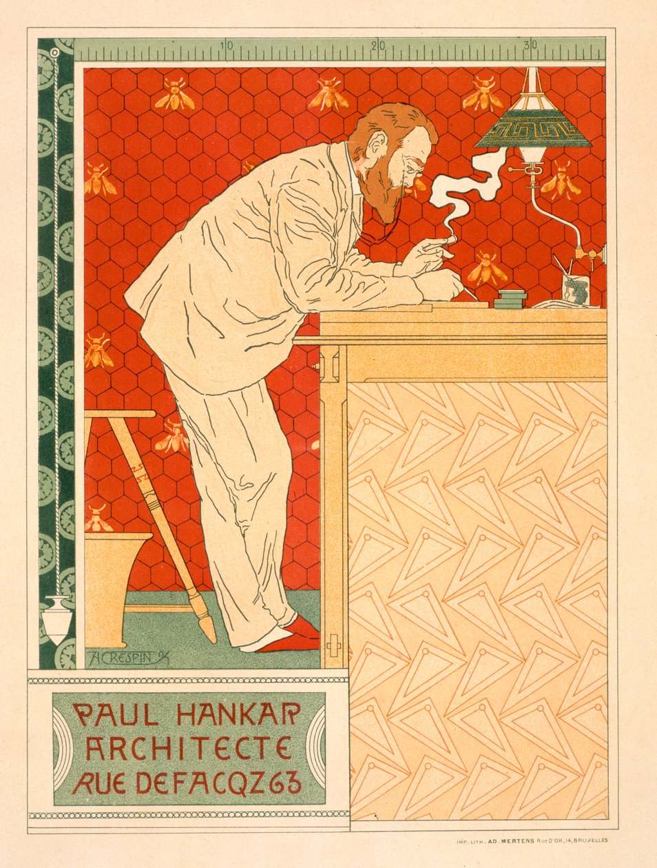 Reprodução de um cartaz anunciando a prática arquitetônica de Paul Hankar, 1894 de Adolphe Louis Charles Crespin