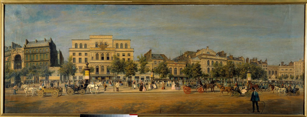 Transformações de Paris sob o Segundo Império, Haussmann Paris: "Vista geral dos Teatros da avenida do Templo (Gaite, Imperial) antes do piercing da avenida Príncipe Eugene (atual avenida Voltaire)" Pintura de Adolphe Potemont ( de Adolphe Martial Potemont