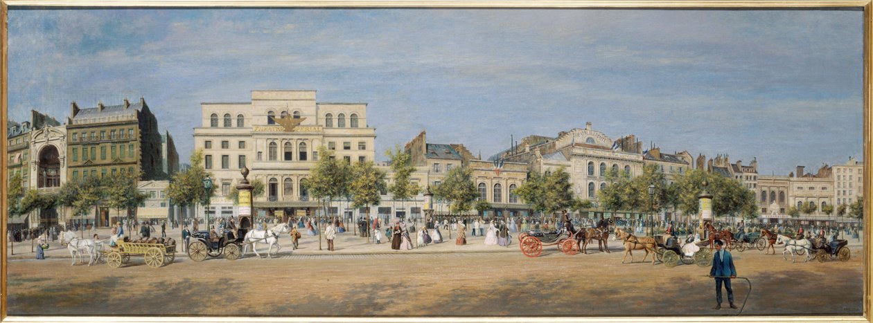 Vista geral dos teatros do boulevard du Temple em 1862, em 1862 (óleo sobre tela) de Adolphe Martial Potemont