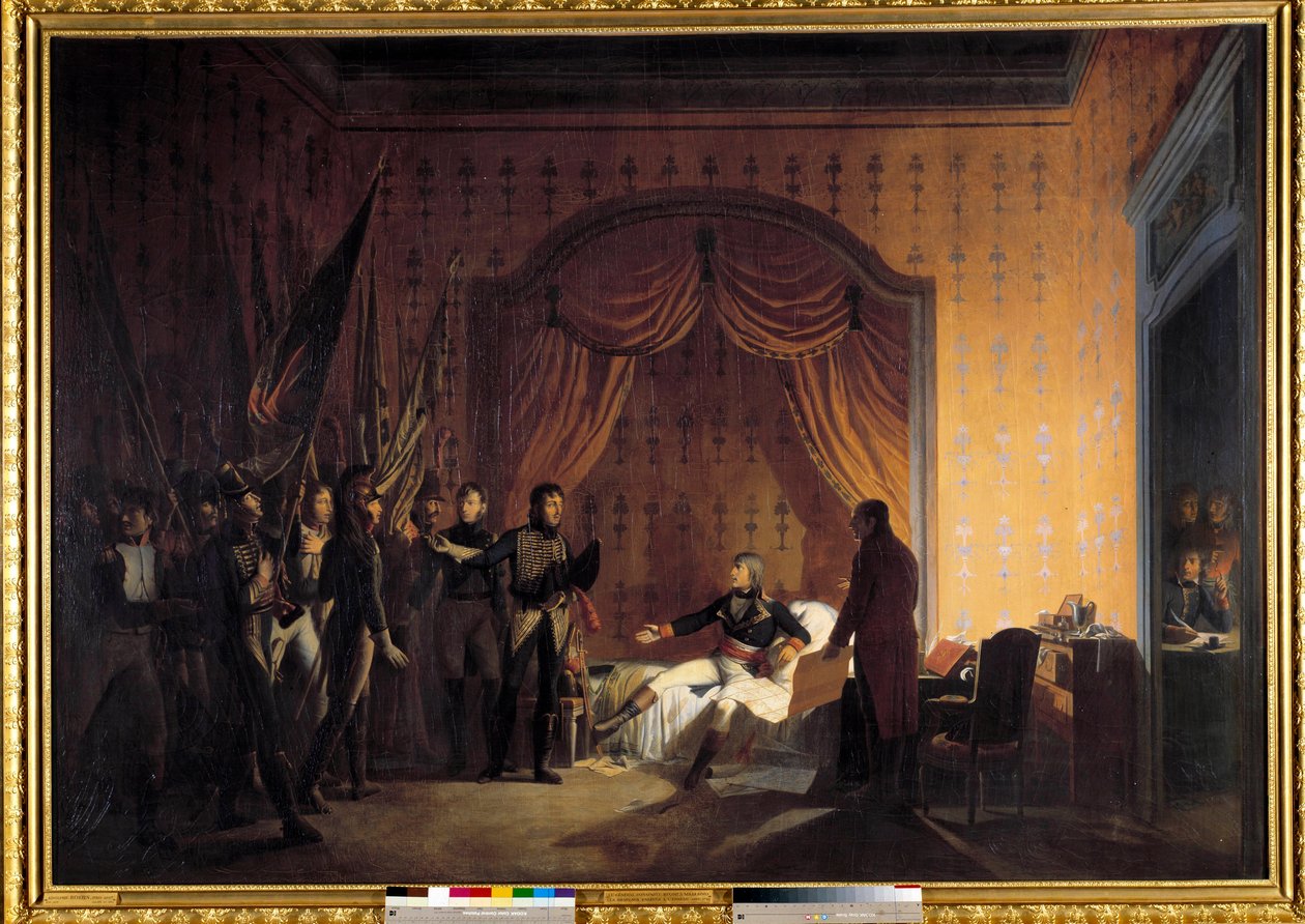 Primeira Campanha da Itália (1796-1797): "Napoleão Bonaparte (1769-1821) recebendo em Millesimo as Bandeiras Austrosard tomadas na Batalha de Montenotte e a Captura da Cossaria apresentada pelos generais Marmont e Jean Andoche Junot (Jean-Andoche) (1771-18 de Adolphe Roehn