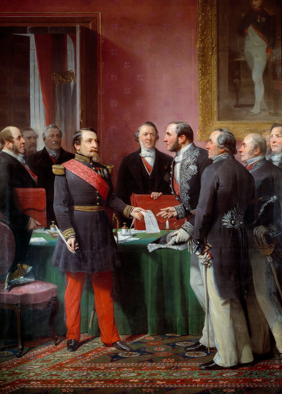 O Imperador Napoleão III (1808-1873) entrega ao Barão Georges Haussmann (1809-1891) o decreto de anexação dos municípios vizinhos em junho de 1859 de Adolphe Yvon