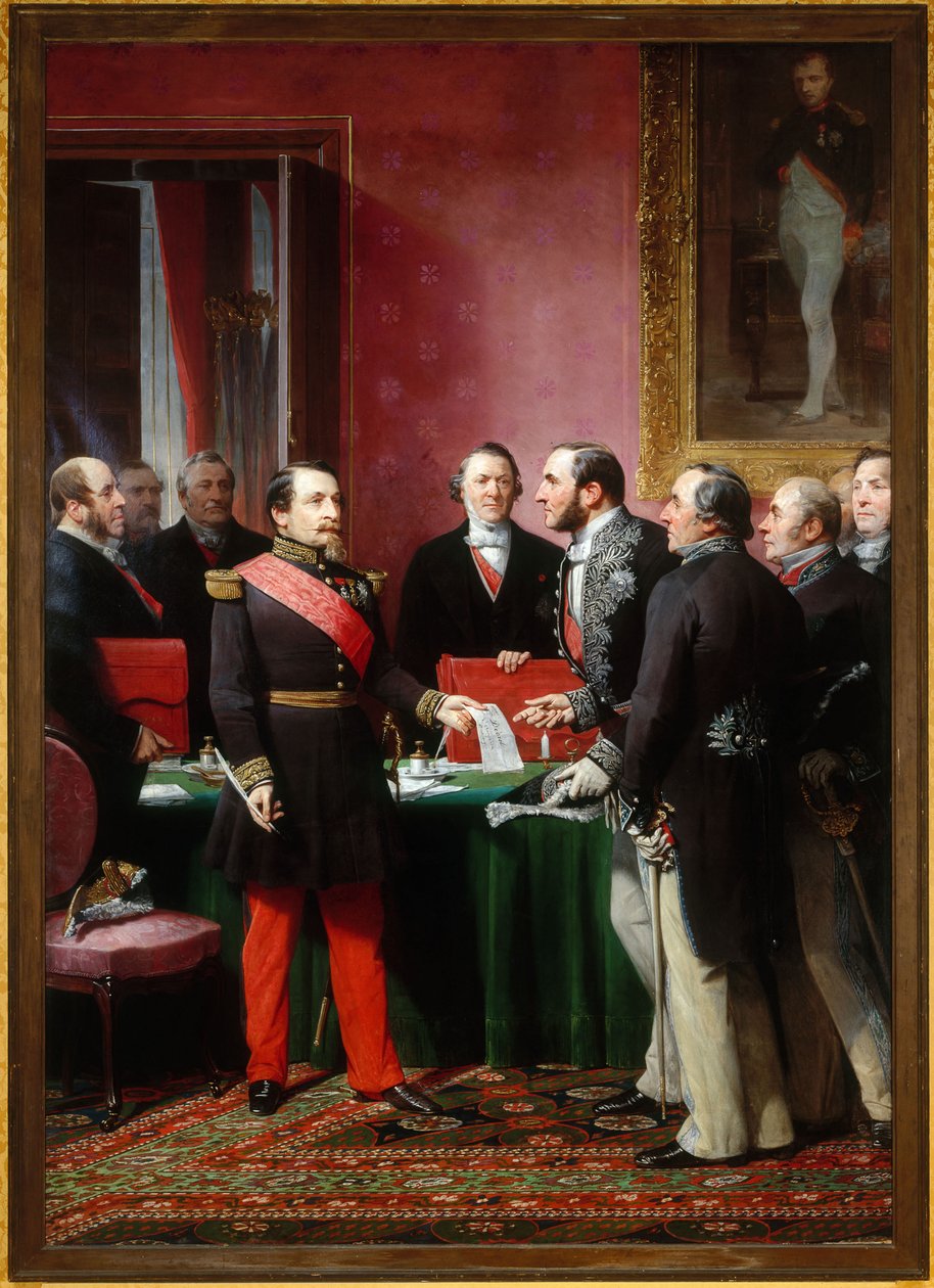 Napoleão III apresenta ao Barão Haussmann o decreto de anexação das comunas vizinhas (16 de fevereiro de Adolphe Yvon