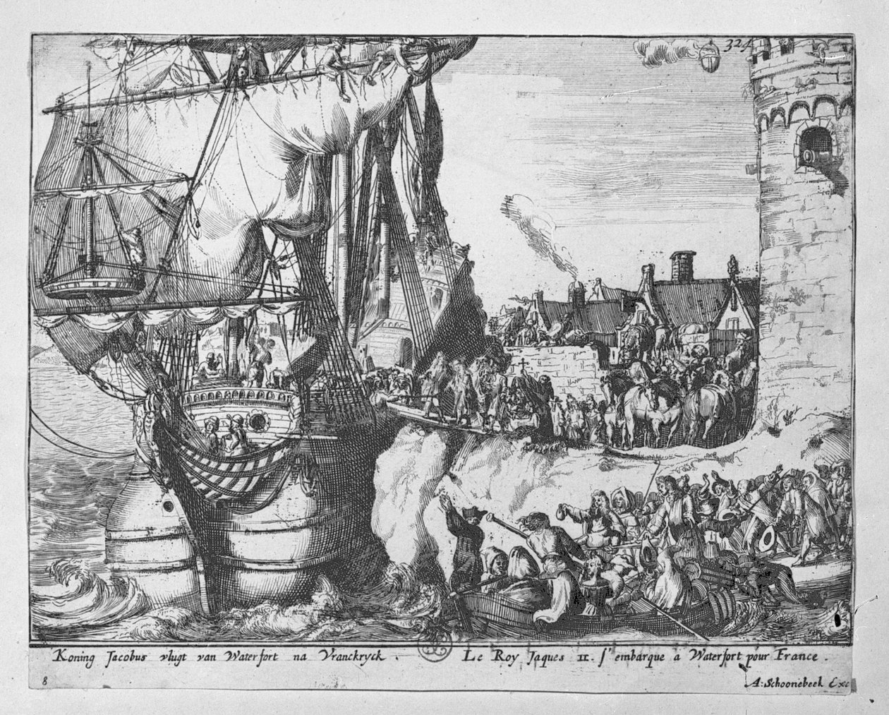 Rei James deixa a Irlanda após a derrota na Batalha do Boyne, 1690 de Adriaan Schoonebeek