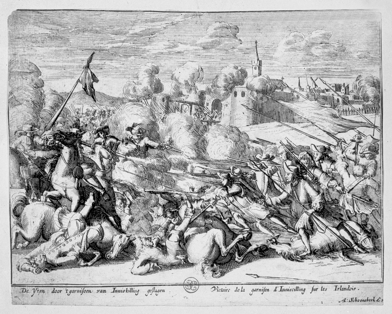 A guarnição em Enniskillen defender a cidade de James II, 1689 de Adriaan Schoonebeek