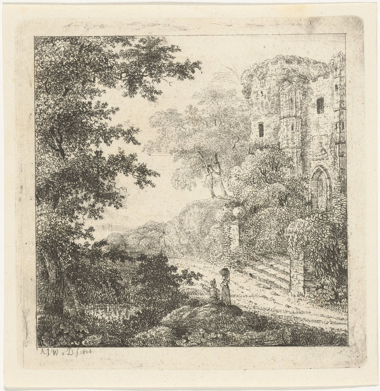 Paisagem com figuras nas ruínas de um castelo de Adriaan Jacob Willem van Dielen