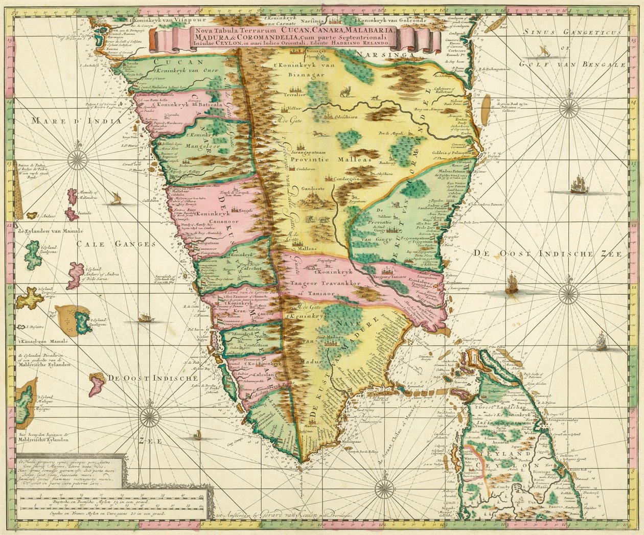 Mapa do sul da Índia e Ceilão, depois de um trabalho feito por volta de 1720 pelo cartógrafo holandês Adriaan Reland de Adriaan Reland