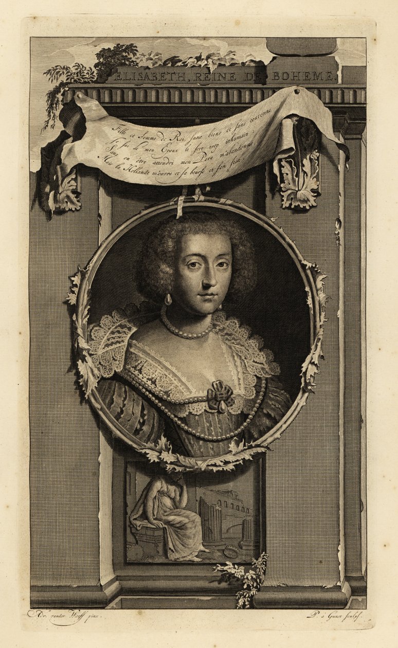 Elisabeth Stuart, Rainha da Boémia, Electresa do Palatinado, esposa de Frederico V, o Rei do inverno. Elisabeth, Reine de Boheme. Vestido com mangas cortadas, gola de renda com pérolas. Vinheta de uma mulher a refletir sobre uma coroa caída. Gravura em cob de Adriaan van der (after) Werff