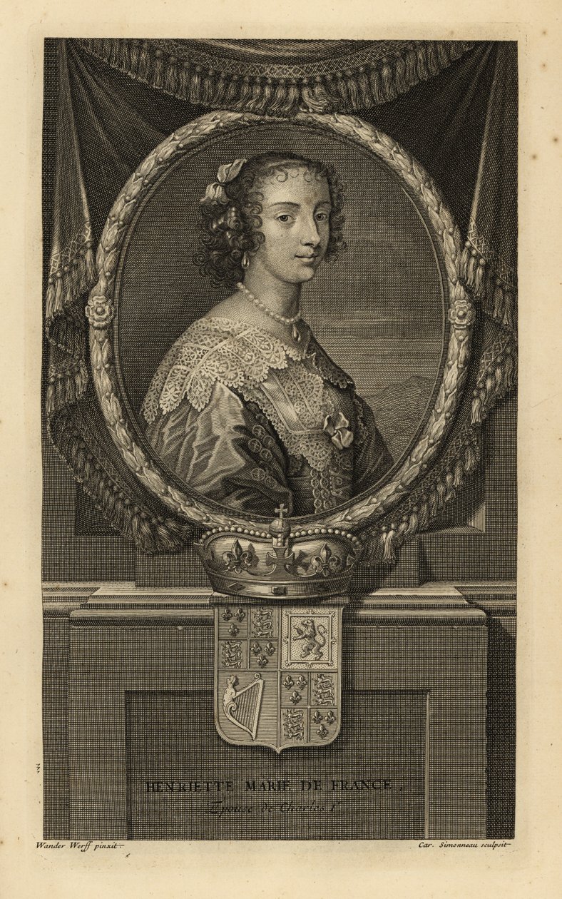 Henrietta Maria de França, esposa do rei Carlos I de Inglaterra. Henriette Marie de France. De vestido com gola de renda e colar de pérolas. Com coroa e brasão de armas. Gravura em talhe-doce de Charles Simonneau segundo Adriaen van der Werff a partir da o de Adriaan van der (after) Werff