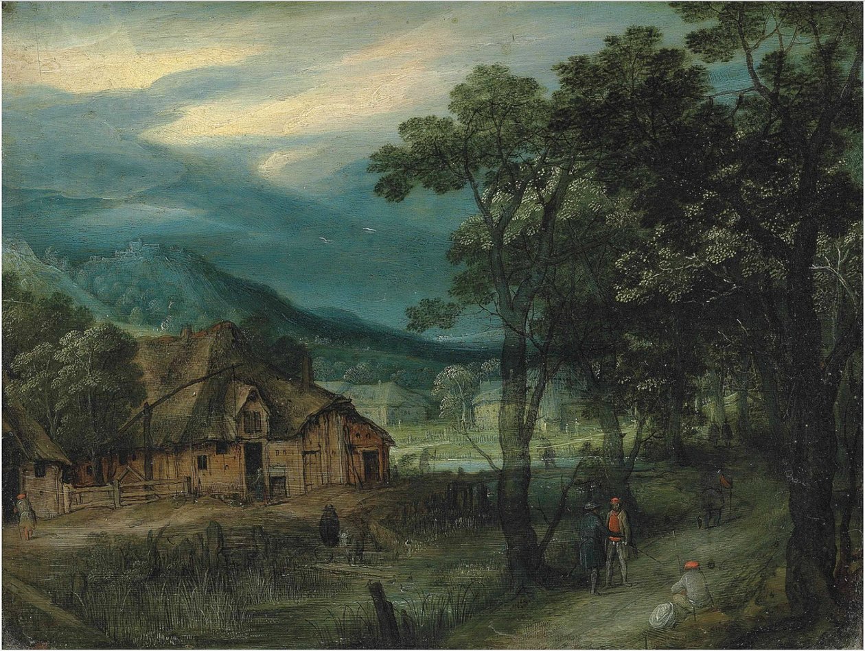 Uma paisagem arborizada com viajantes em uma pista por uma aldeia de Adriaen van Stalbemt