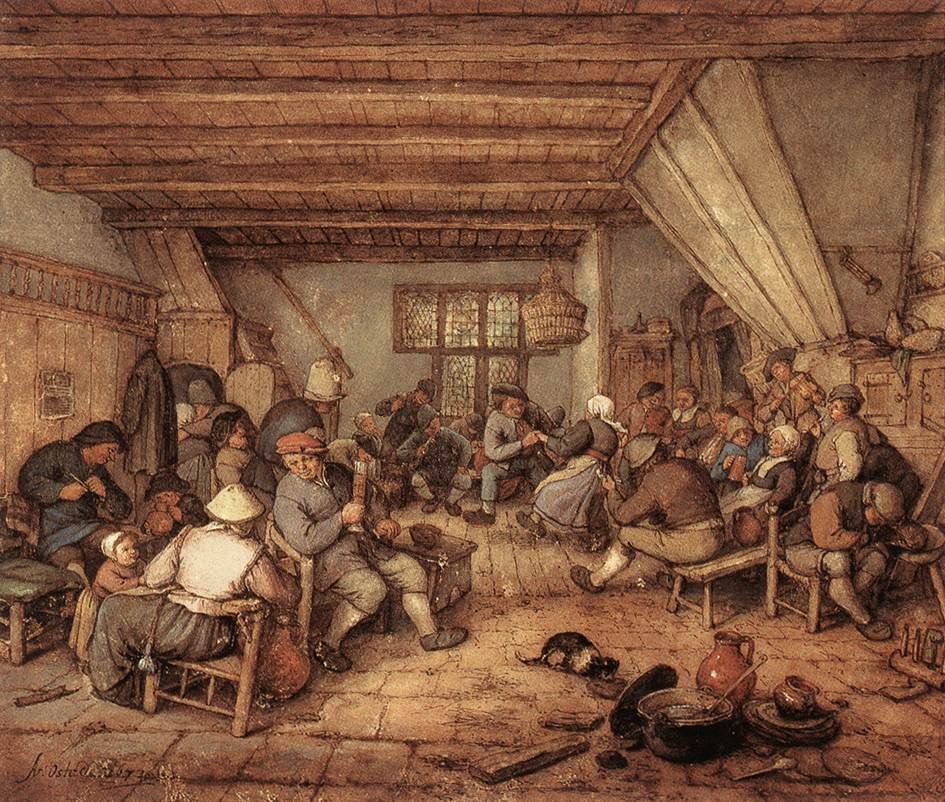Dançando, bebendo e fazendo músicos em uma pousada de Adriaen Jansz. van Ostade