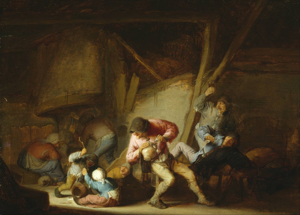Interior com figuras bebendo e chorando crianças de Adriaen Jansz. van Ostade