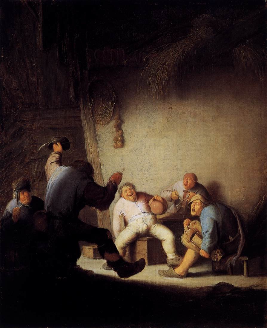 Camponeses bebendo e fazendo música em um celeiro de Adriaen Jansz. van Ostade
