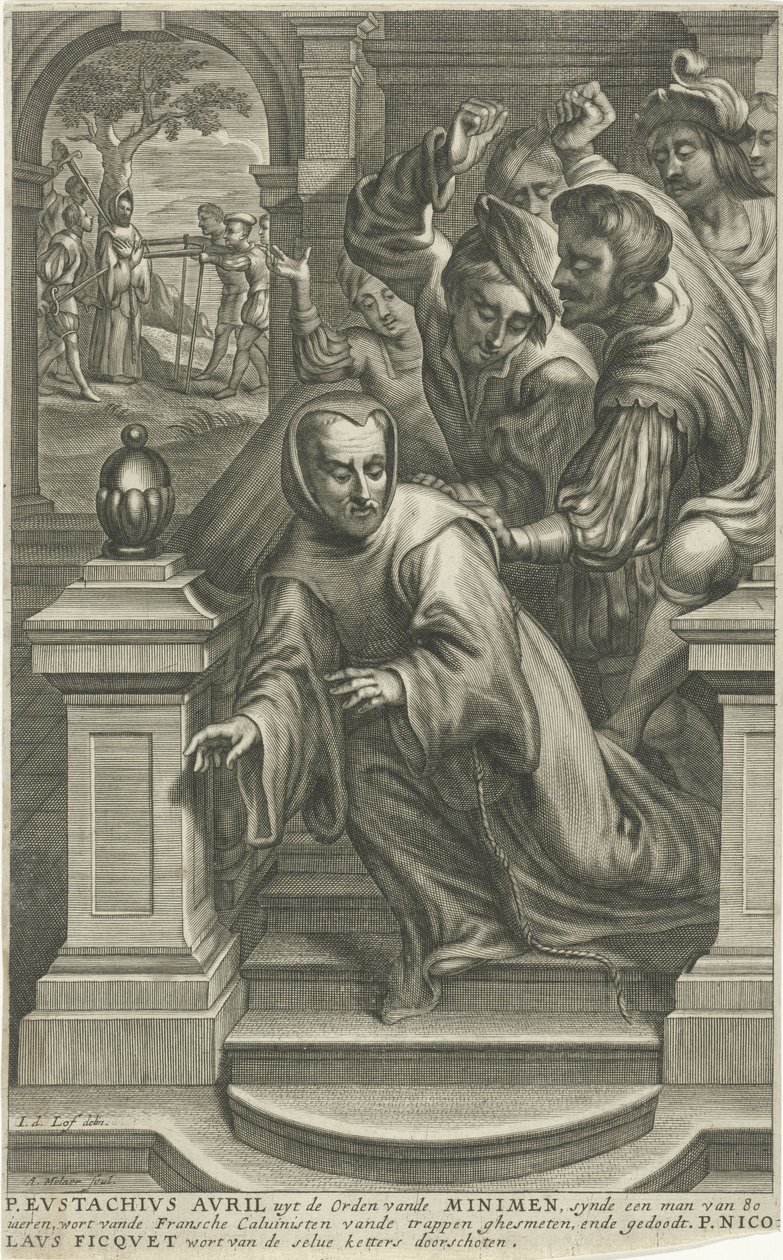 Eustáquio Avril jogado escada abaixo pelos calvinistas de Adriaen Millaert