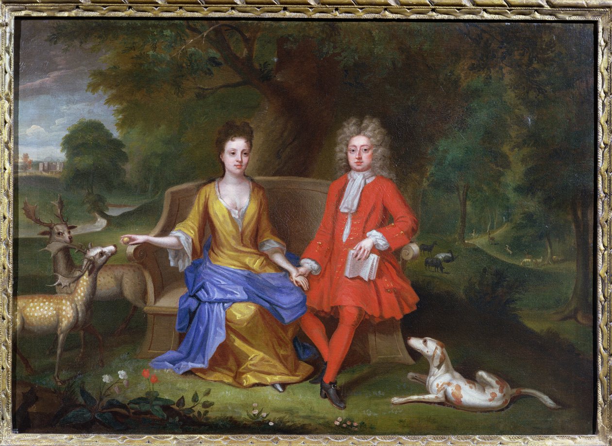 Retrato de Sir Charles Shuckburgh e sua esposa, Diana, com Shuckburgh Hall, Warwickshire ao fundo, c.1690 de Adriaen van Diest