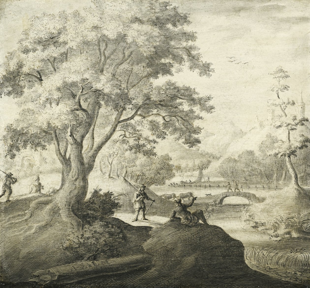 Paisagens do rio com pessoas descansando ao longo de um caminho de Adriaen van Salm