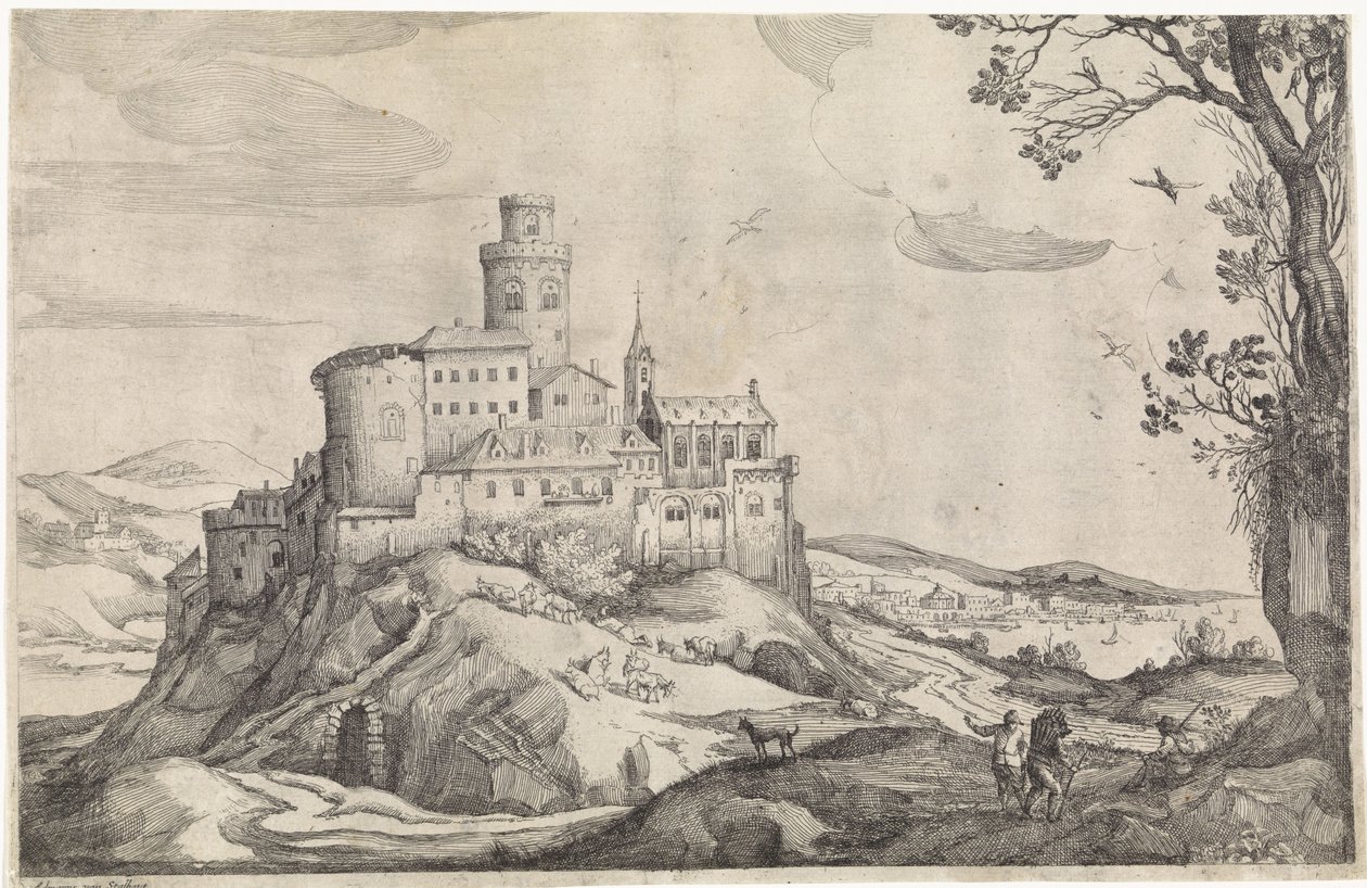 Paisagem, com, um, castelo, ligado, um, montanha de Adriaen van Stalbemt