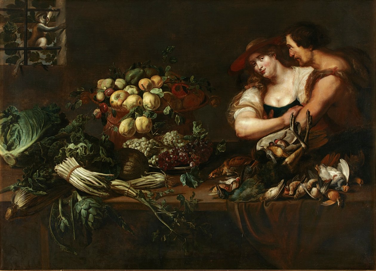 Uma cozinha ainda vida com figuras de Adriaen van Utrecht