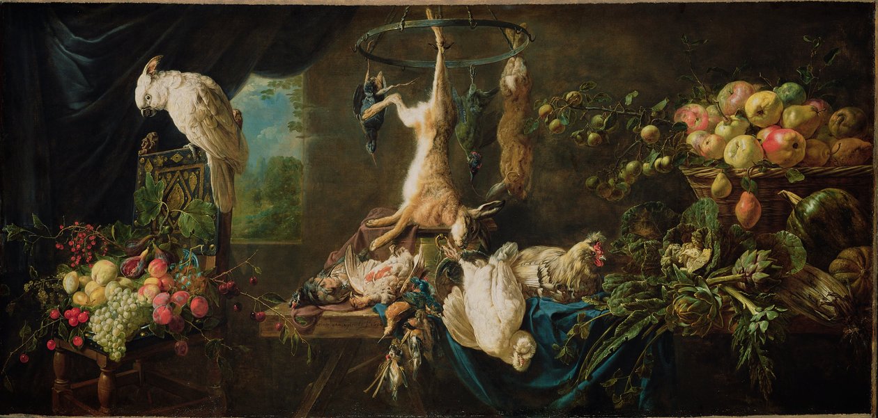 Ainda vida: jogo, legumes, frutas, cacatua de Adriaen van Utrecht