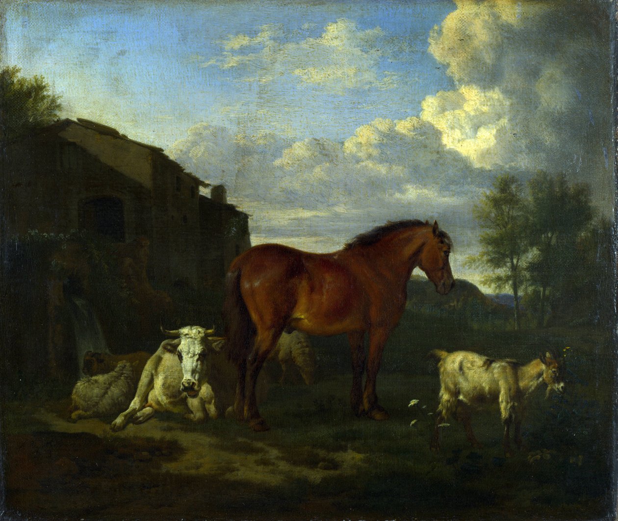 Um, cavalo baía, um, vaca, um, cabra, e, três, ovelha, perto, um, predios de Adriaen van de Velde