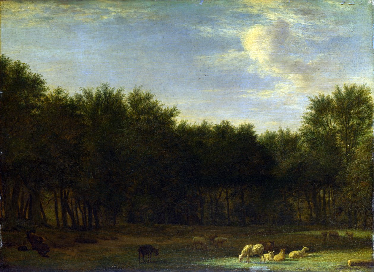 The Edge of a Wood, com um pastor adormecido, ovelhas e cabras de Adriaen van de Velde