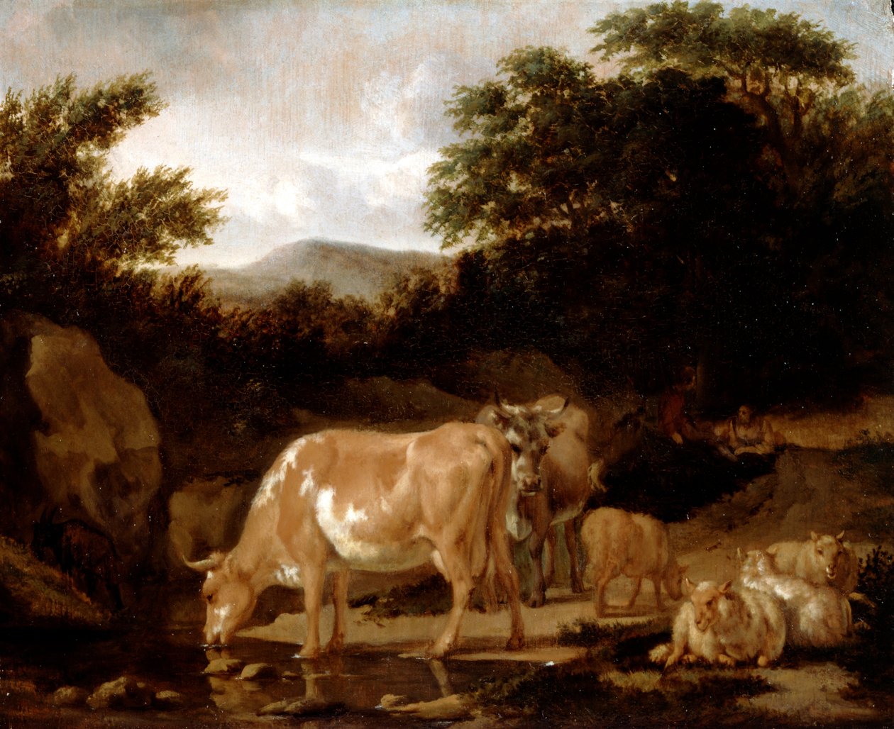 Vacas e ovelhas em uma madeira de Adriaen van de Velde