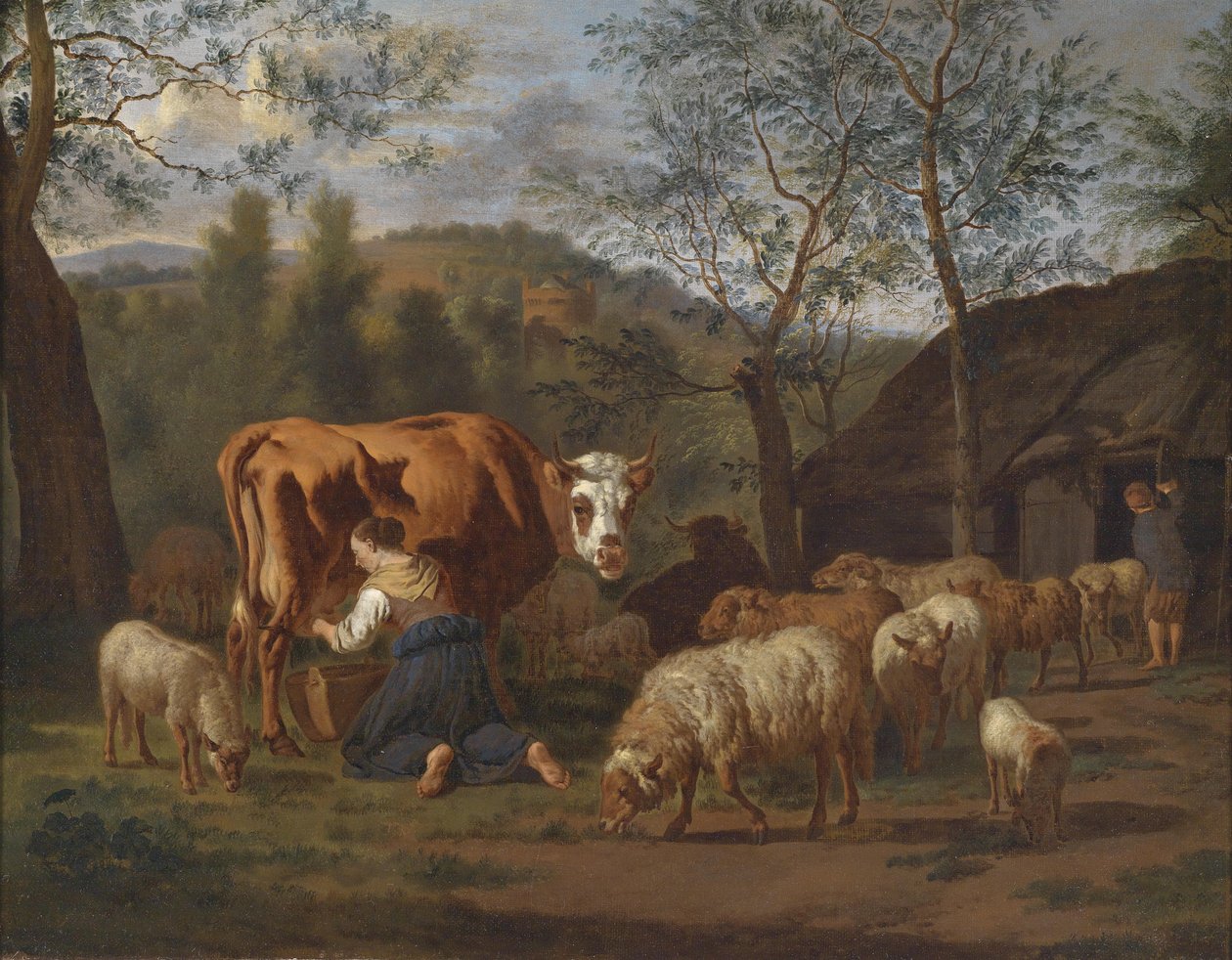 Uma empregada de ordenha com vaca e cabras na frente do estábulo de Adriaen van de Velde
