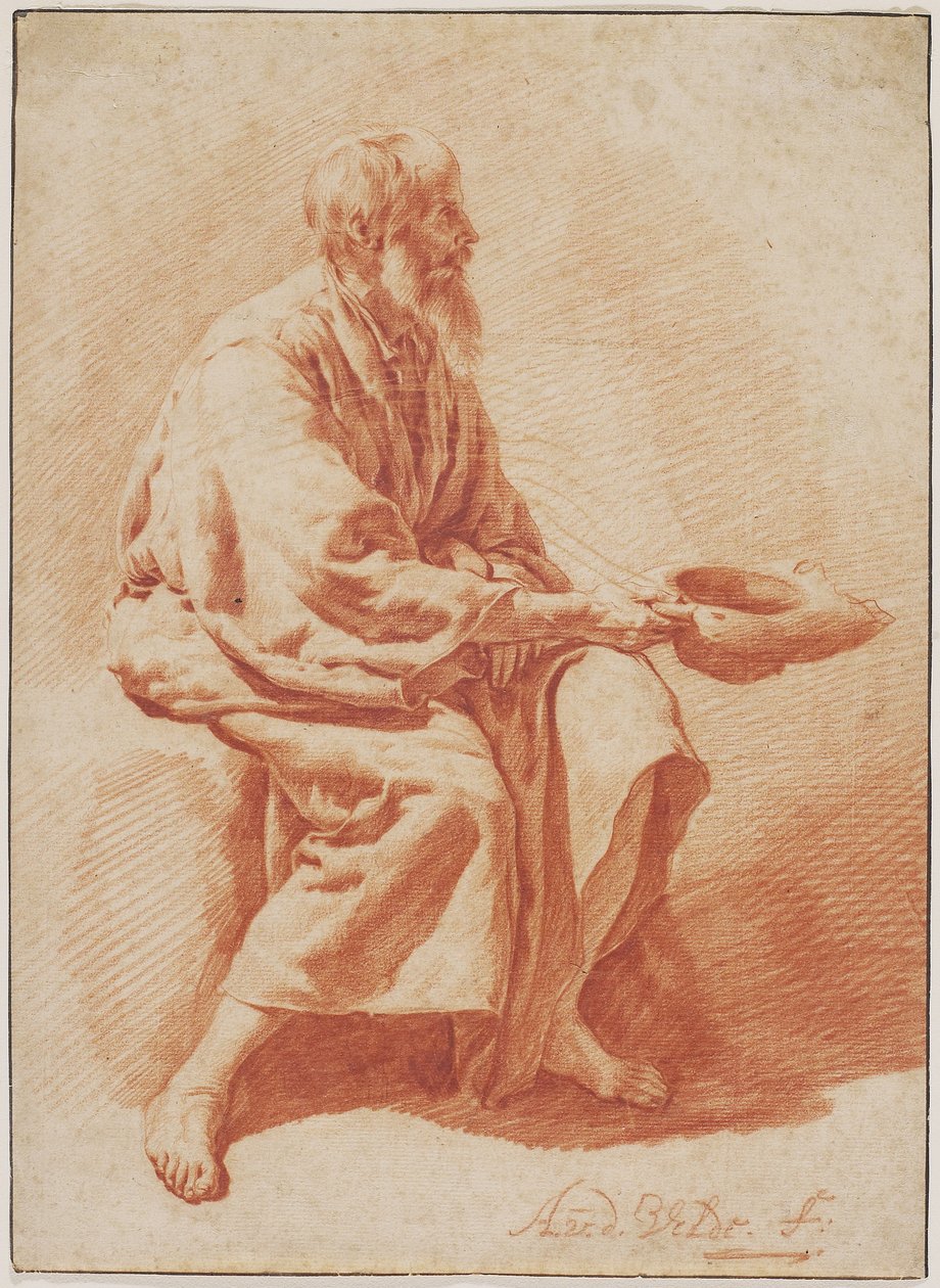 Velho sentado, c.1666 (giz vermelho com traços de giz preto sobre papel) de Adriaen van de Velde