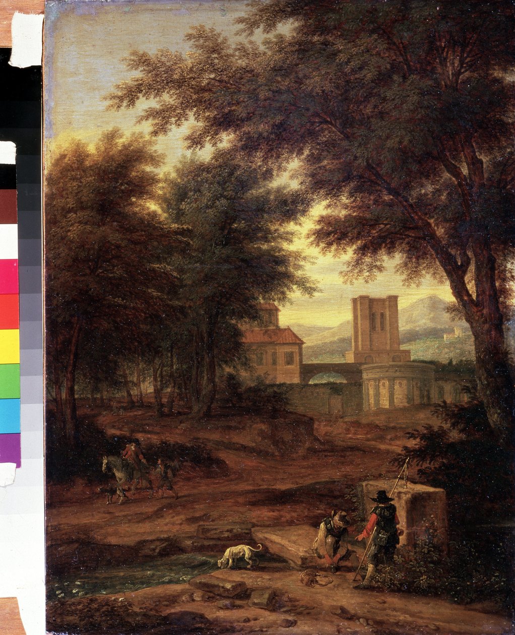Paisagem italiana com peregrinos Pintura de Adriaen Frans Boudewijns (1644-1711) Museu Pushkin, Moscou de Adriaen Boudewyns