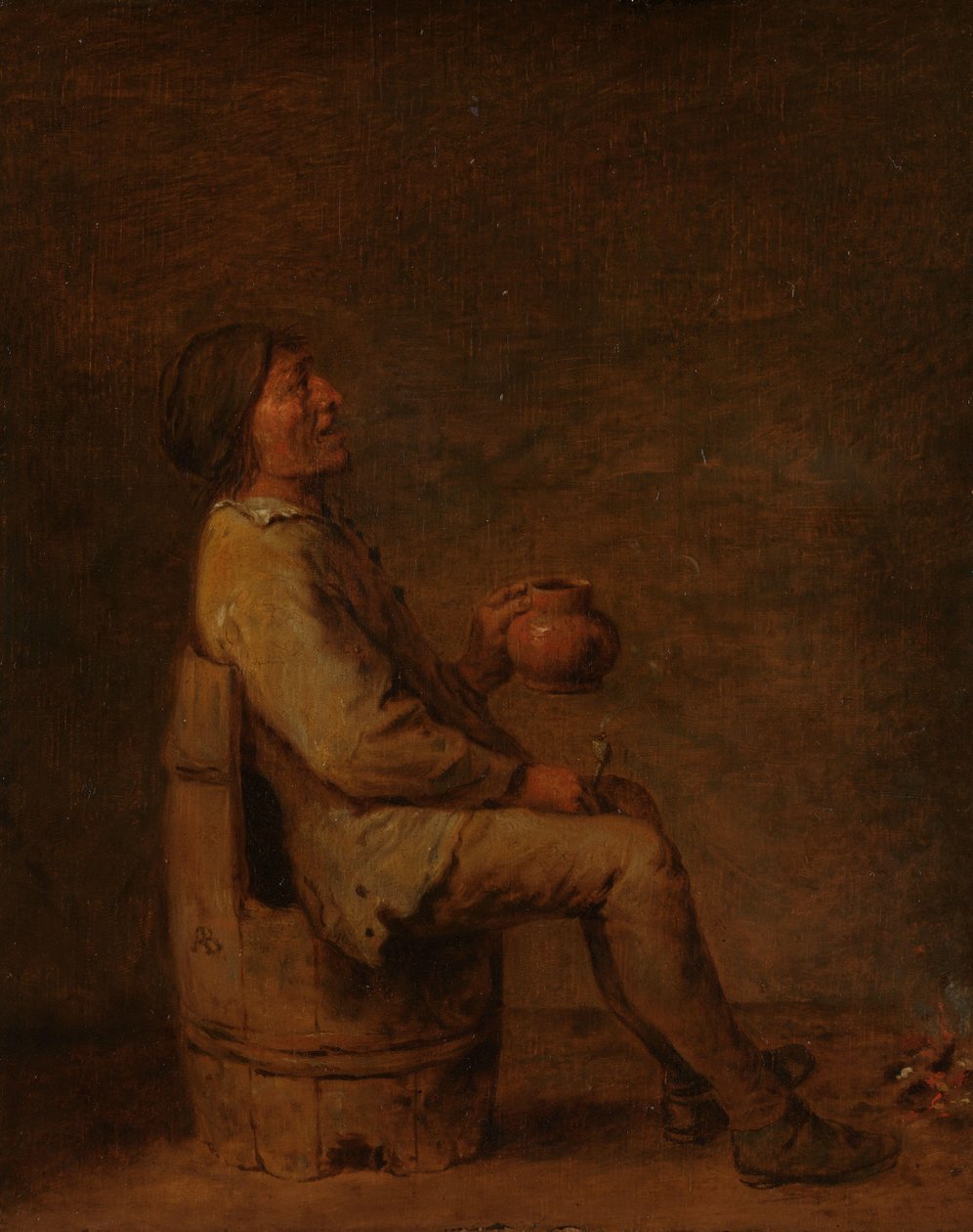 Homem sentado segurando um cachimbo e um jarro em um interior de Adriaen Brouwer (possibly copy after)